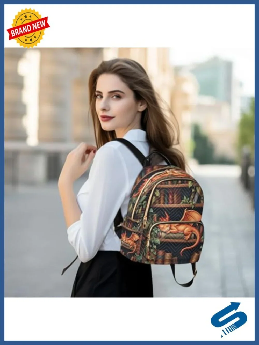 Dragon Bookshelf Print Mini Backpack Polyester Travel Daypack 14L